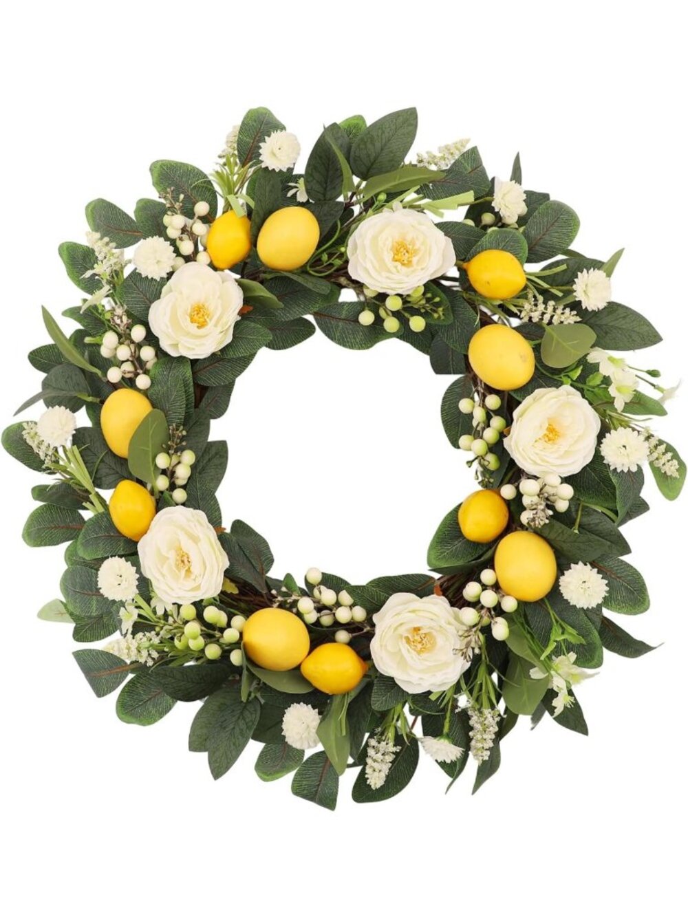 22" Lemon Floral Wreath with White Peonies & Eucalyptus | Summer Farmhouse Decor
